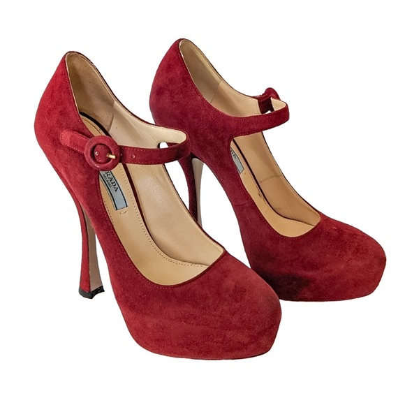 Prada Women’s Sz 37 Burgundy Dark Red Maroon Suede Mary Jane Platform Heels - Picture 1 of 9
